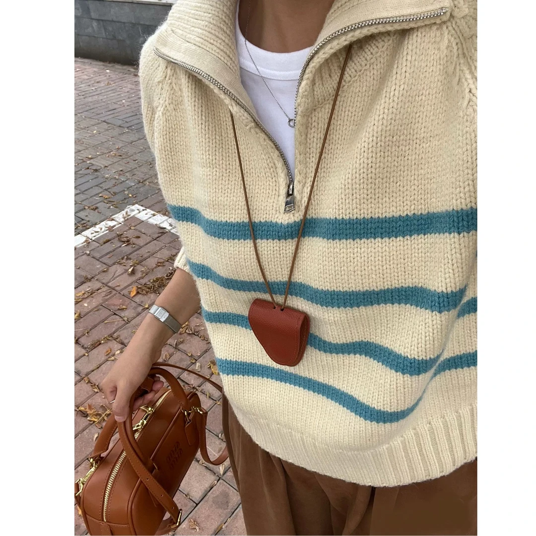 设计感高领半拉链条纹毛衣女套头宽松秋冬慵懒软糯针织衫