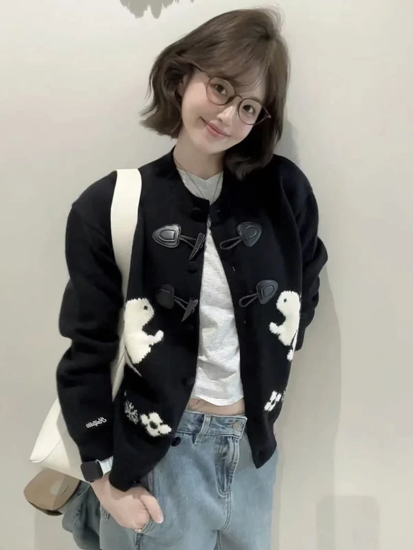 韩系慵懒风可爱兔子提花针织开衫女秋冬2025新款宽松百搭毛衣外套