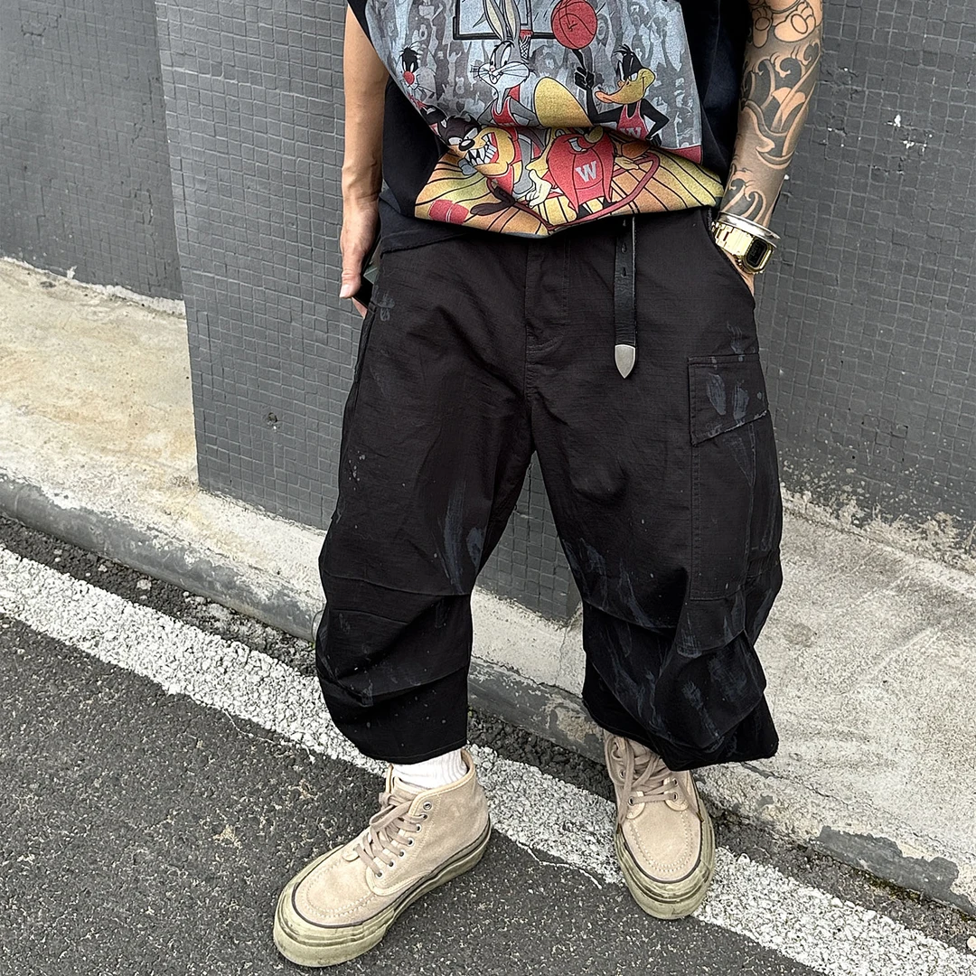 白鹤大人美式复古街头工装七分裤夏季宽松休闲情侣直筒泼墨弯刀裤