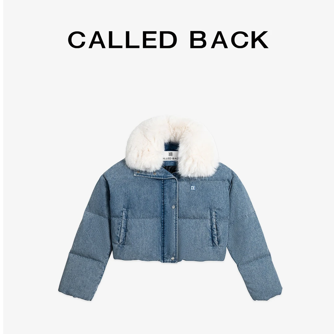 CALLED BACK新款设计感蓝色牛仔翻领拼接保暖短款羽绒服241181