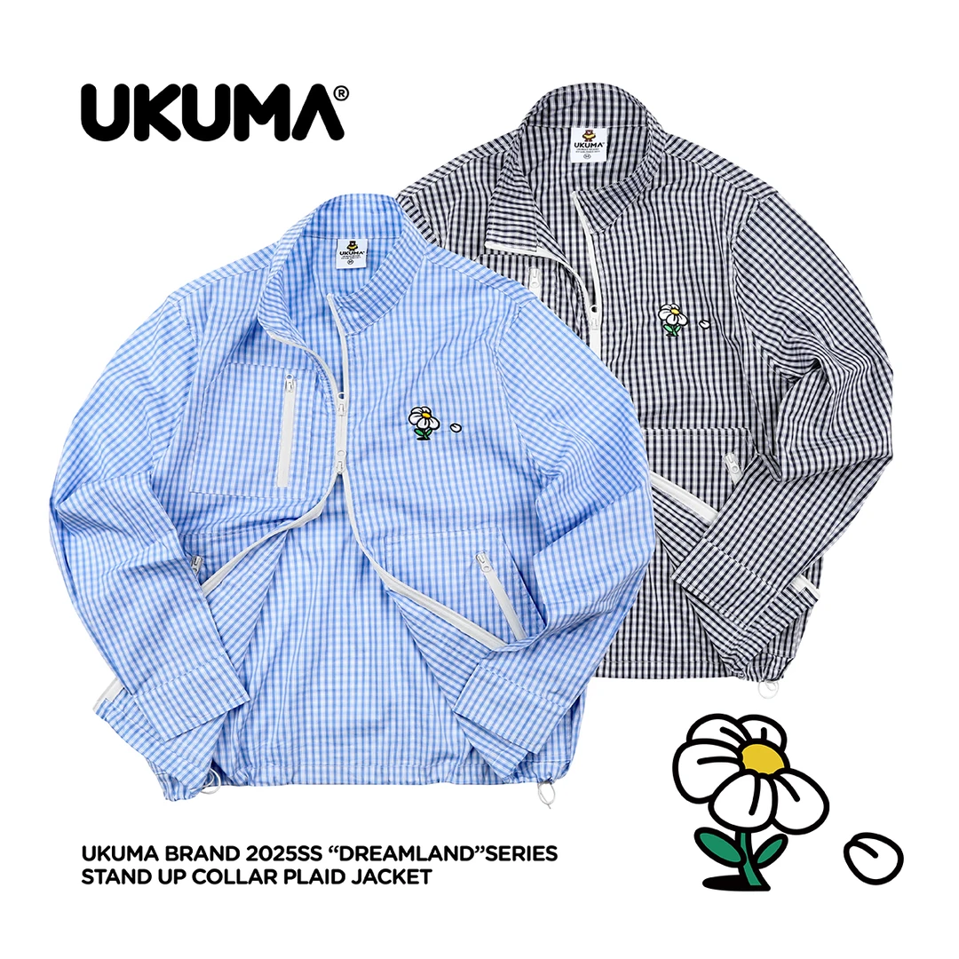 UKUMA香蕉熊秋季小logo刺绣藏青蓝白贴袋格子立领薄款夹克