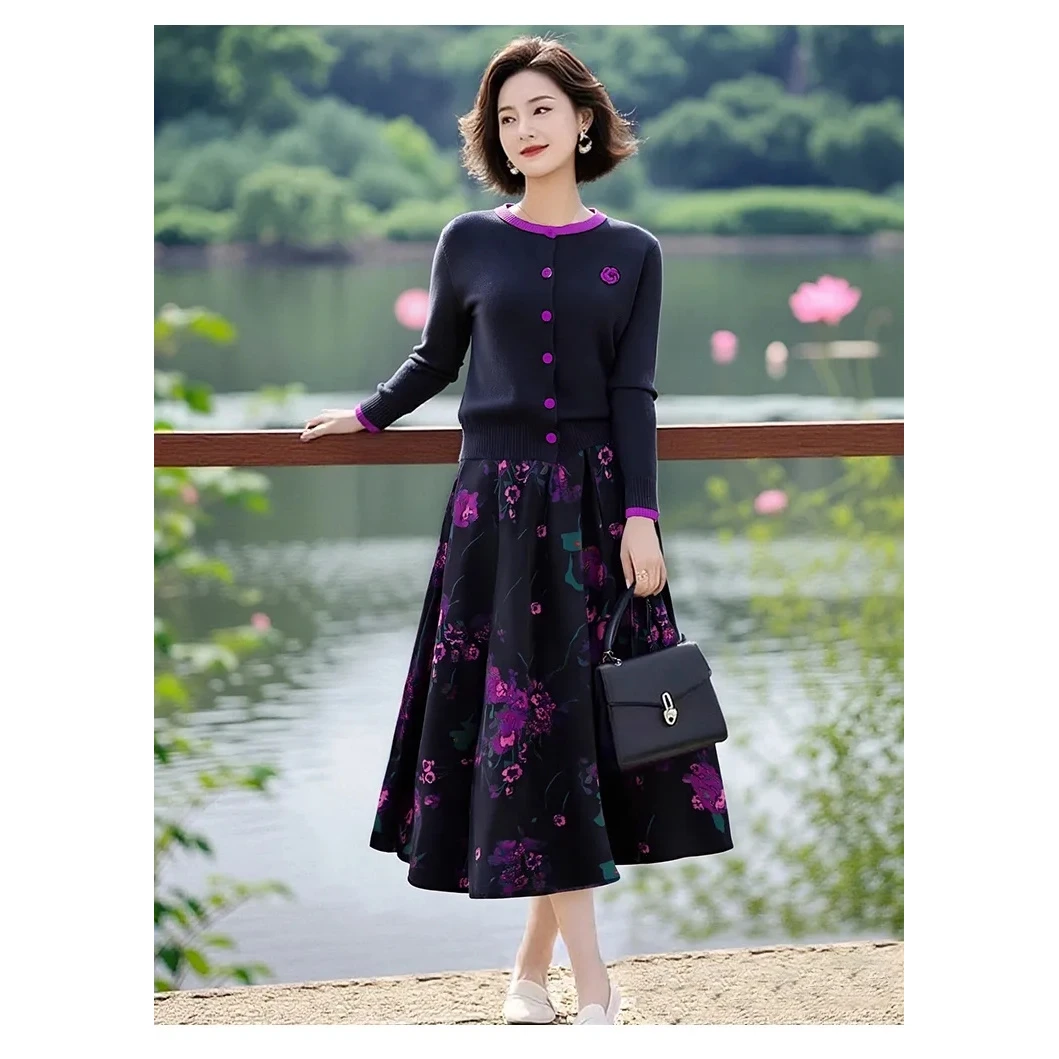 女装山茶花撞色针织衫+松紧后腰半身裙套装秋
