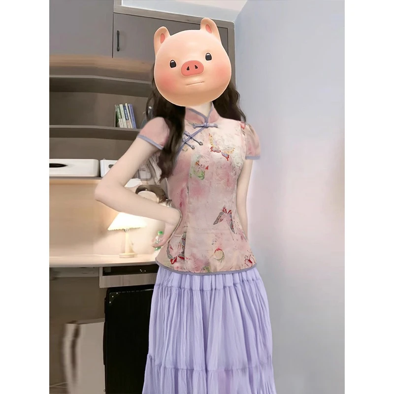 【素夕】【两件套有里布】新中式粉蝴蝶上衣女夏季半身裙套装D3156