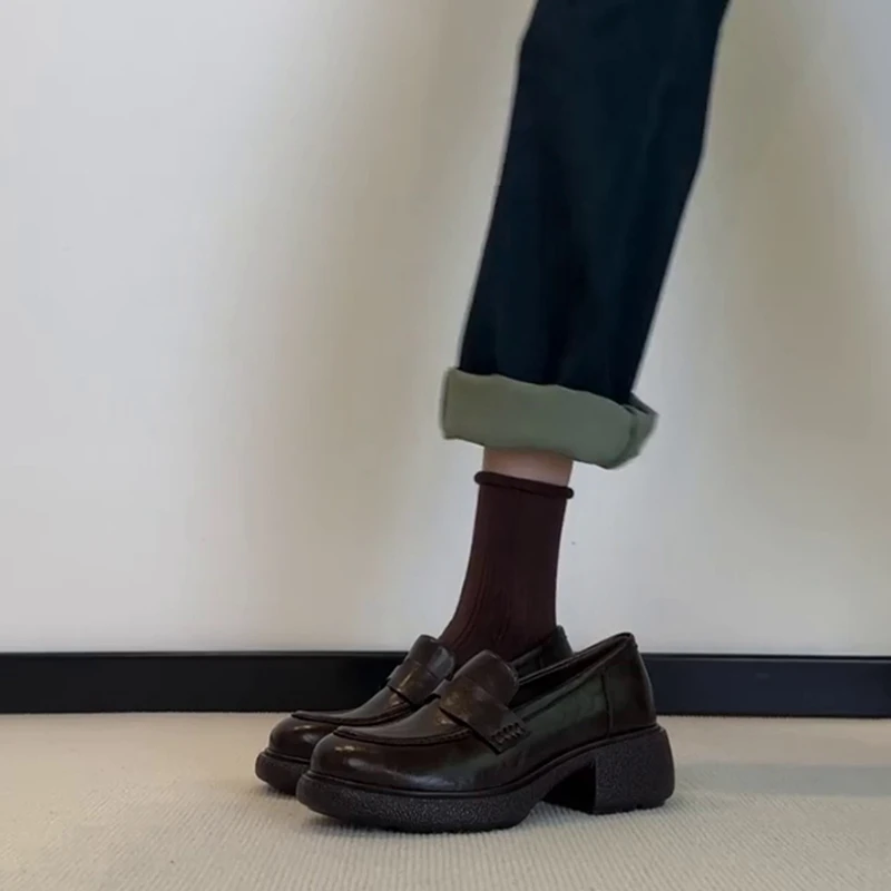 羊皮版~复古英伦风圆头粗跟小皮鞋女通勤一脚蹬百搭厚底乐福鞋子