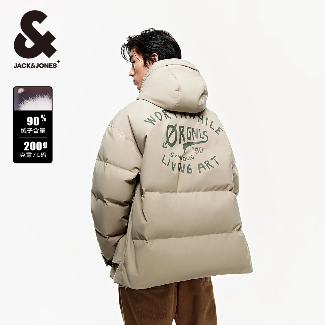 杰克琼斯秋季字母胶印轻盈保暖时尚出街潮宽松连帽羽绒服外套男款