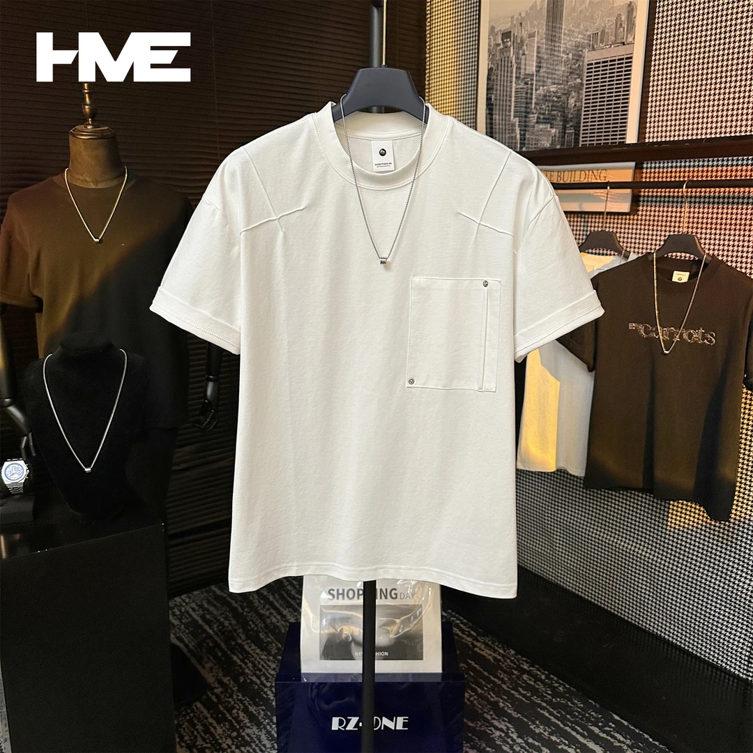 【HMEYAO】原创夏季重磅明线铆钉拼接口袋褶皱设计纯色圆领潮流短袖