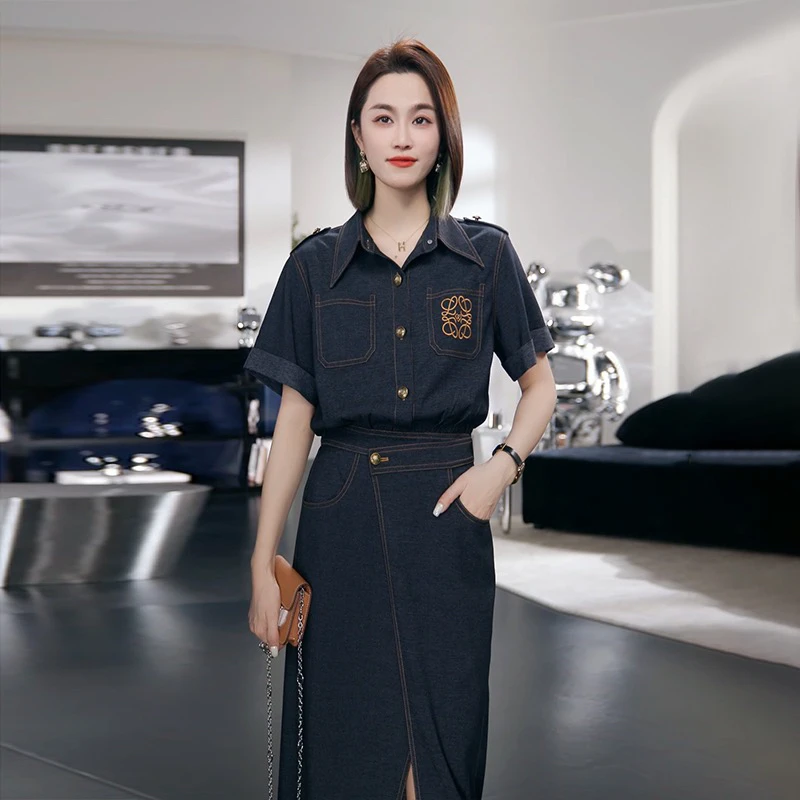 假两件牛仔连衣裙女2024夏季新款时尚气质显瘦polo领中长裙