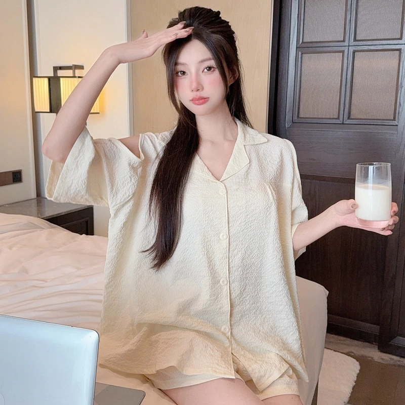 甜美简约纯色开衫睡衣新款ins休闲短袖短裤夏季家居服套装可外穿