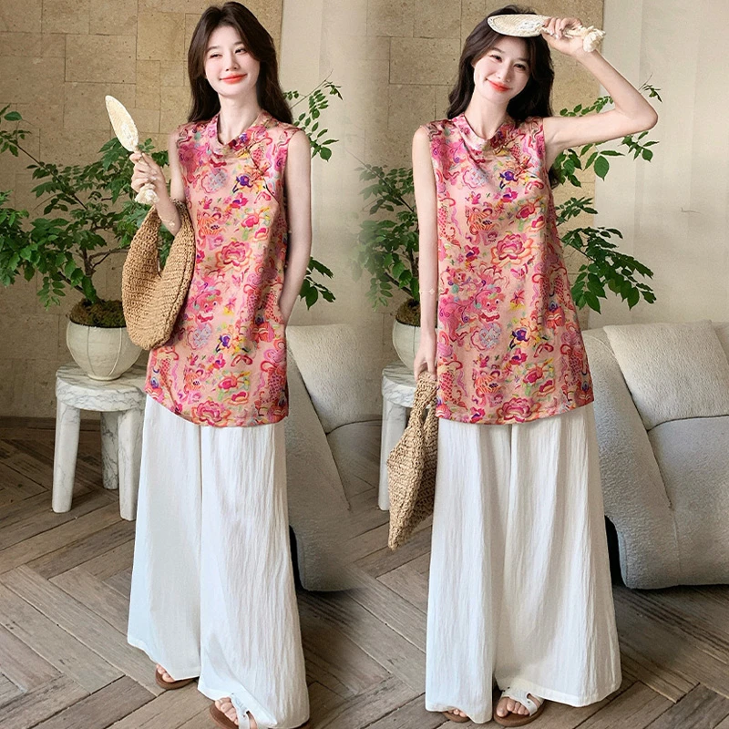 孕妇装夏季2025新款新中式国风无袖上衣洋气气质显瘦花色背心衬衫