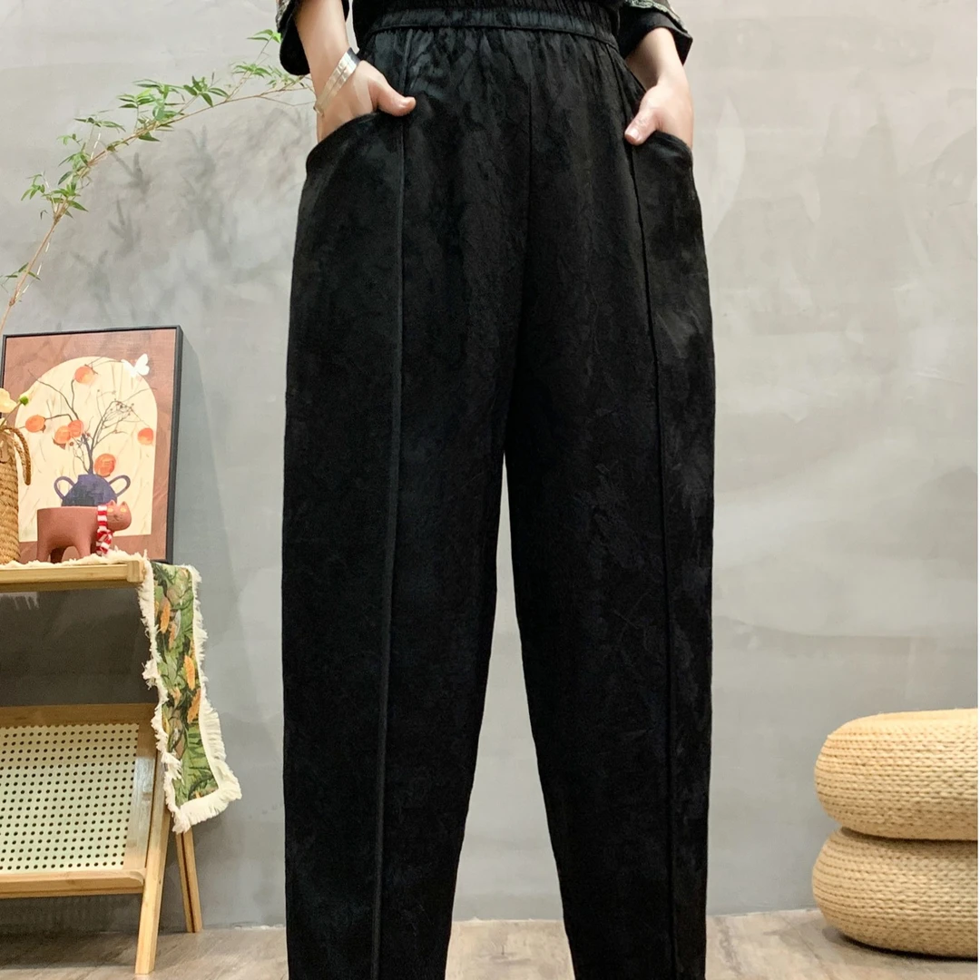 【艺美】(月华)春款民族风复古原创重工刺绣提花松紧腰缎面哈伦裤