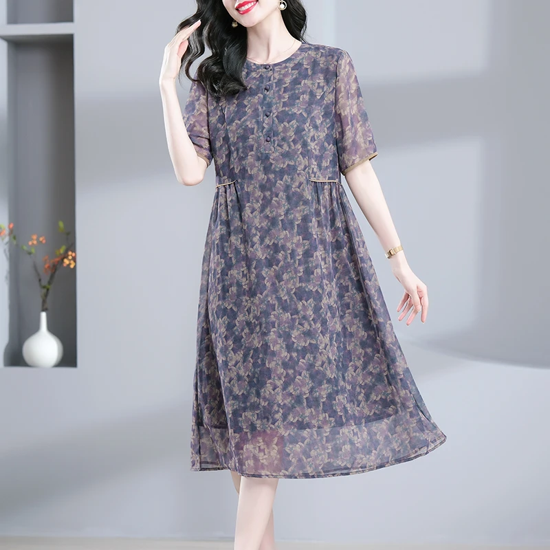 韩穆KA235582减龄碎花洋气连衣裙女夏高端气质中年妈妈裙子棉绸