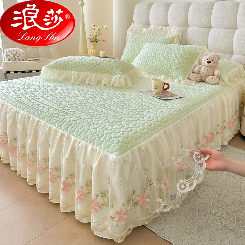 浪莎夏天乳胶凉席三件套床裙款床笠罩冰丝席1.8遮丑床套罩带裙边