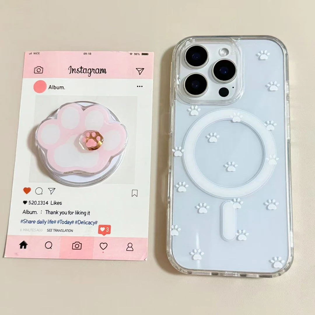 【亚克力磁吸】白色小猫爪支架透明手机壳适用苹果17Pro/16/15防摔