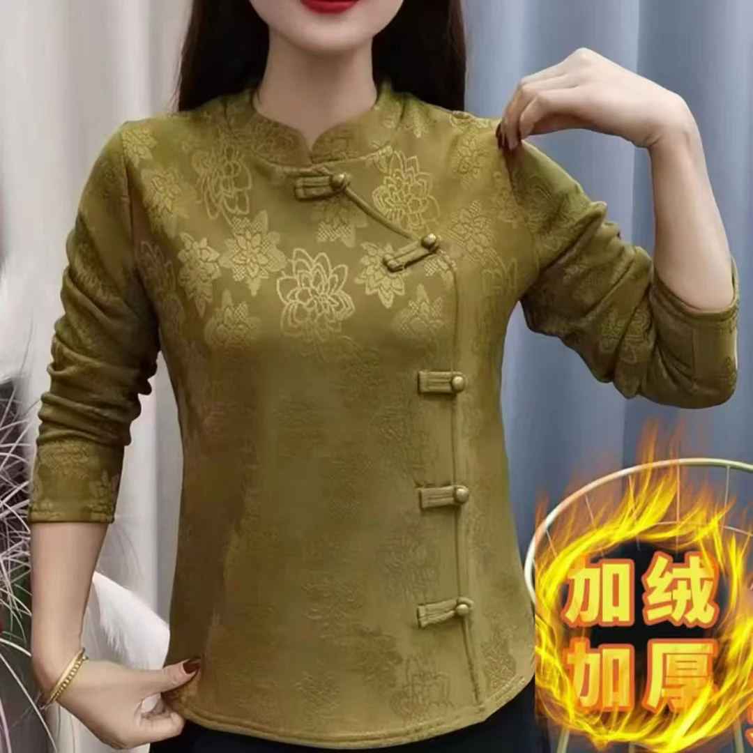【茶芙巷】加绒提花中式复古盘扣打底洋气新款时尚长袖上衣【YLL】