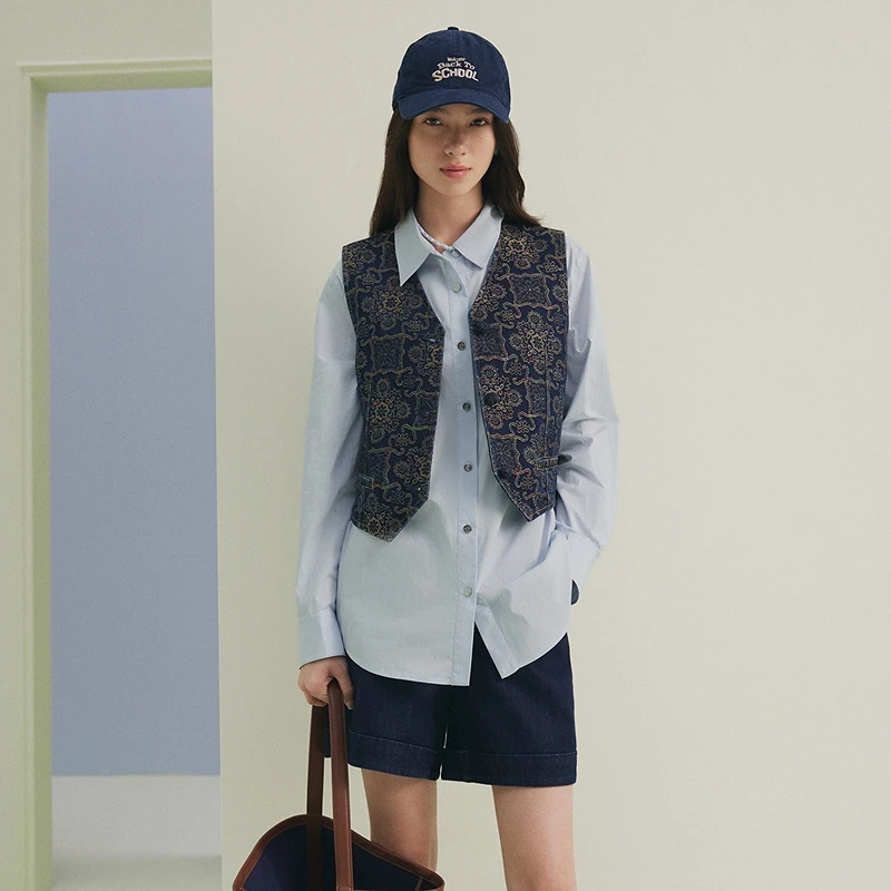 FS时尚显瘦提花修身原牛色牛仔马甲女25春新款J097A