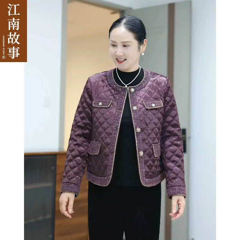 江南故事2025秋冬款妈妈装小香风女短外套中老年圆领加厚夹棉上衣