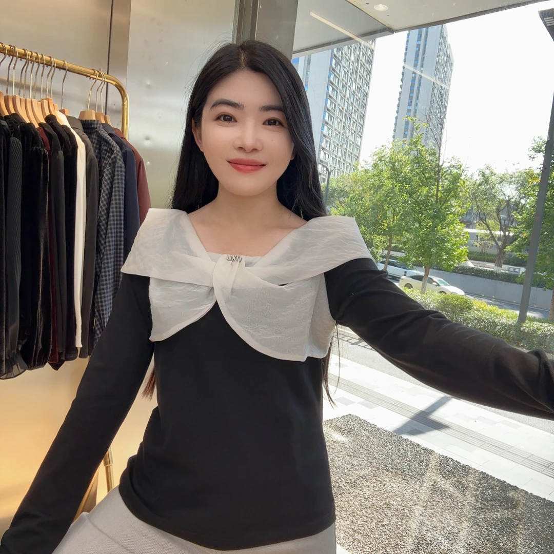 253733  秋款蝴蝶结拼接撞色长袖显瘦气质上衣