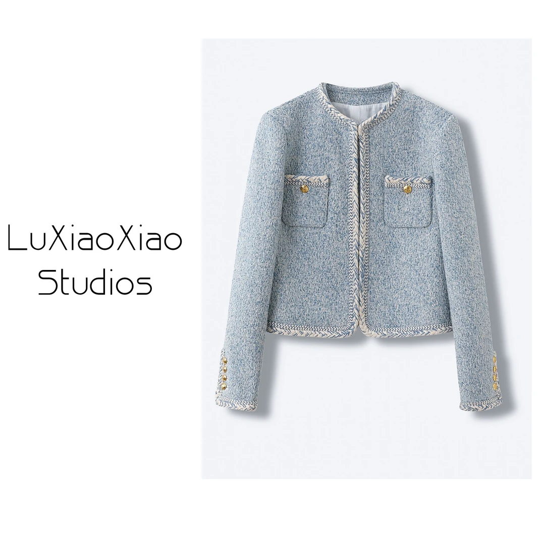 47%羊毛 冰川蓝粗花呢修身轻奢小香风气质短款外套女 746