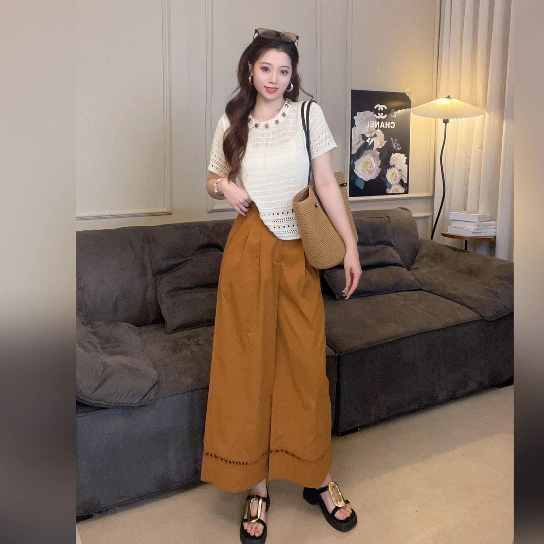 【奈里芝禾】裤脚镂空设计感松紧腰阔腿裤2025夏季新款高腰休闲套装