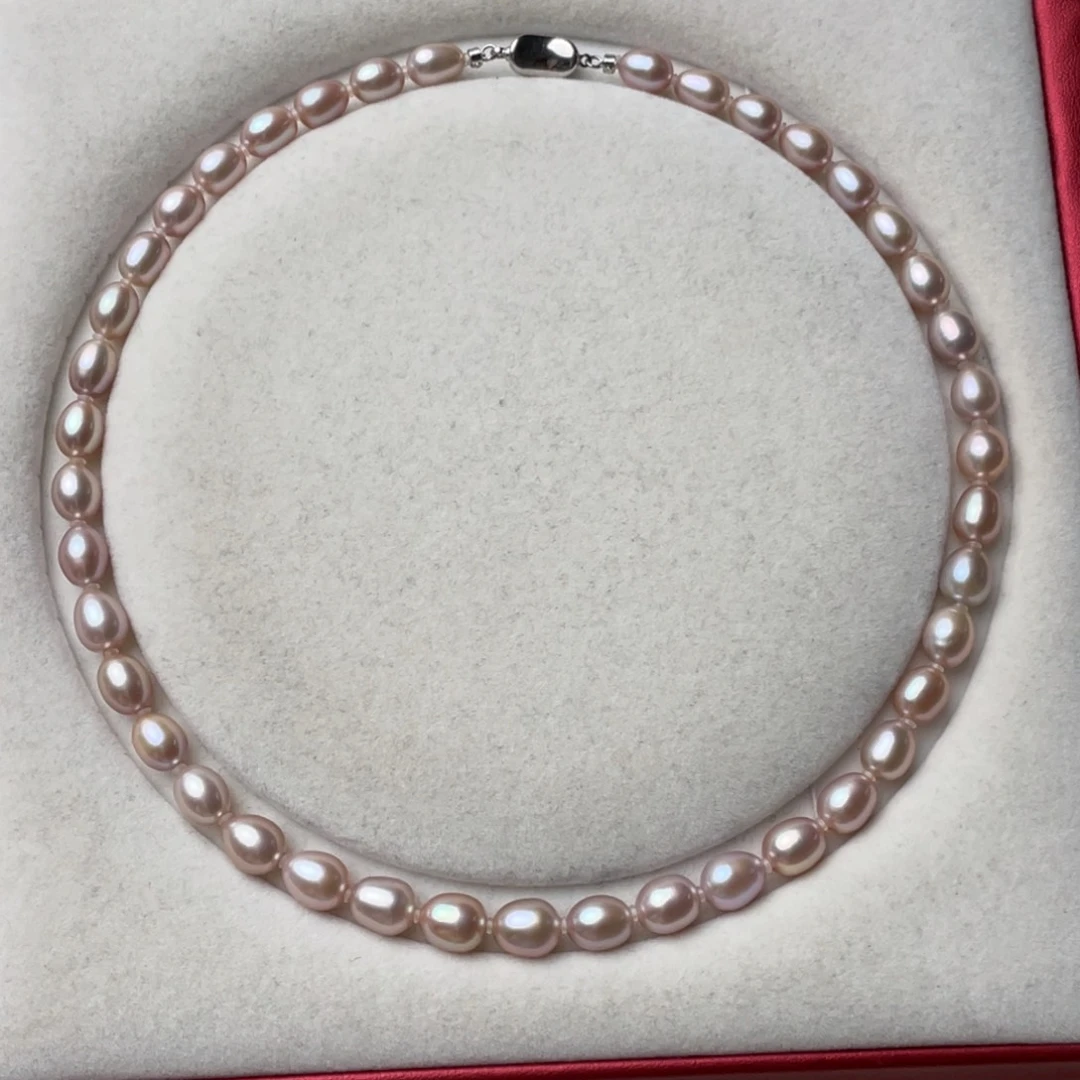 银S925镶嵌淡水珍珠颈饰7-8mm无核无暇胖米