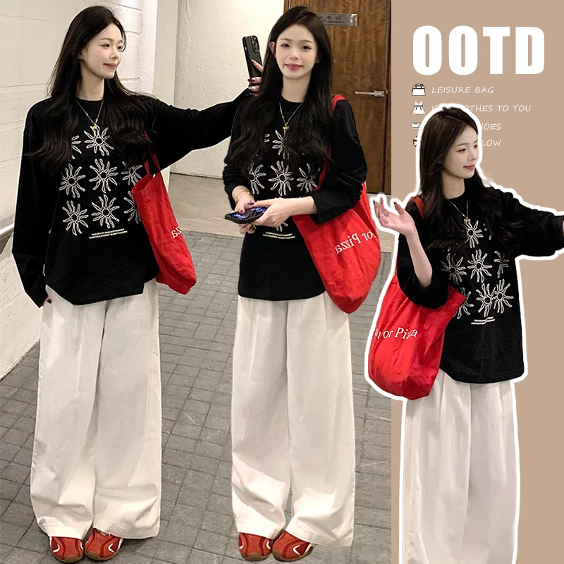 孕妇装2025春秋新款松慵懒风印花长袖上衣搭配气质舒适阔腿裤套装