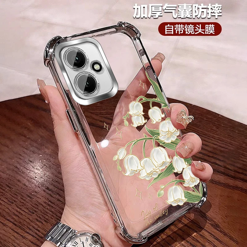 花朵适用荣耀400手机壳透明四角防摔400Pro女款网红带镜头膜 小众