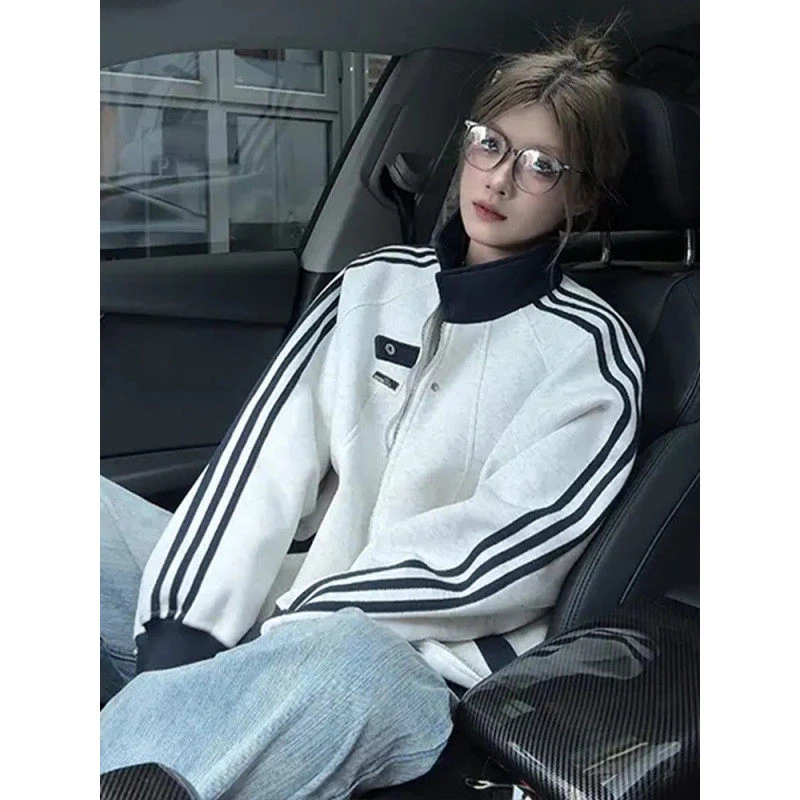 美式复古三条杠卫衣男女秋季潮牌立领运动夹克情侣学院风开衫外套