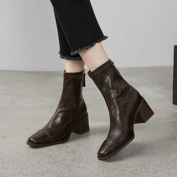 6.5cm~2025秋冬尖头百搭通勤中跟复古后拉链短靴瘦瘦靴舒适弹力靴