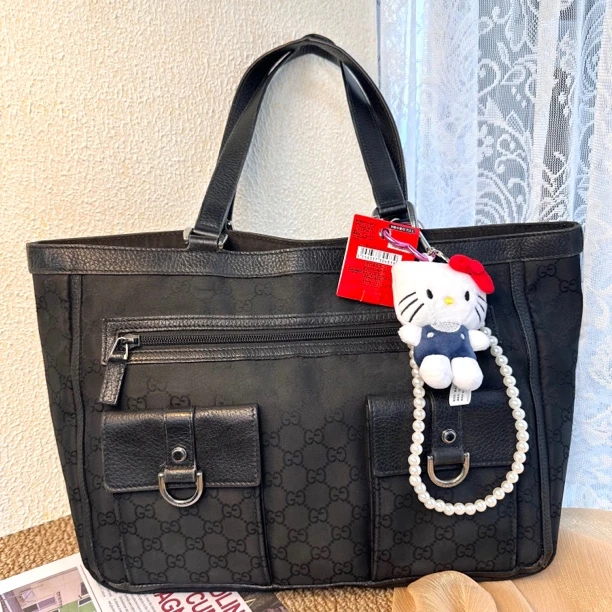 95新 GUCCI/古驰 XM经典黑色满印老花多口袋公文托特包MS11716092