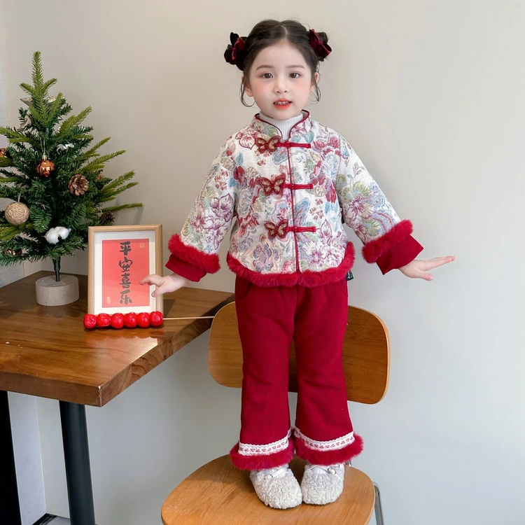 女童加绒夹棉套装冬季25新款女宝宝新中式汉服冬装拜年服两件套