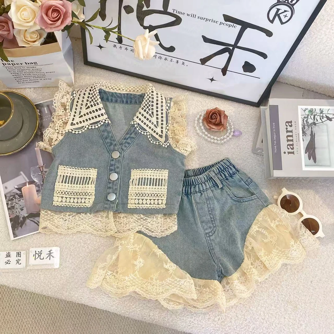 HY女童韩版套装时尚夏季新款女宝镂空休闲洋气无袖儿童套装80516