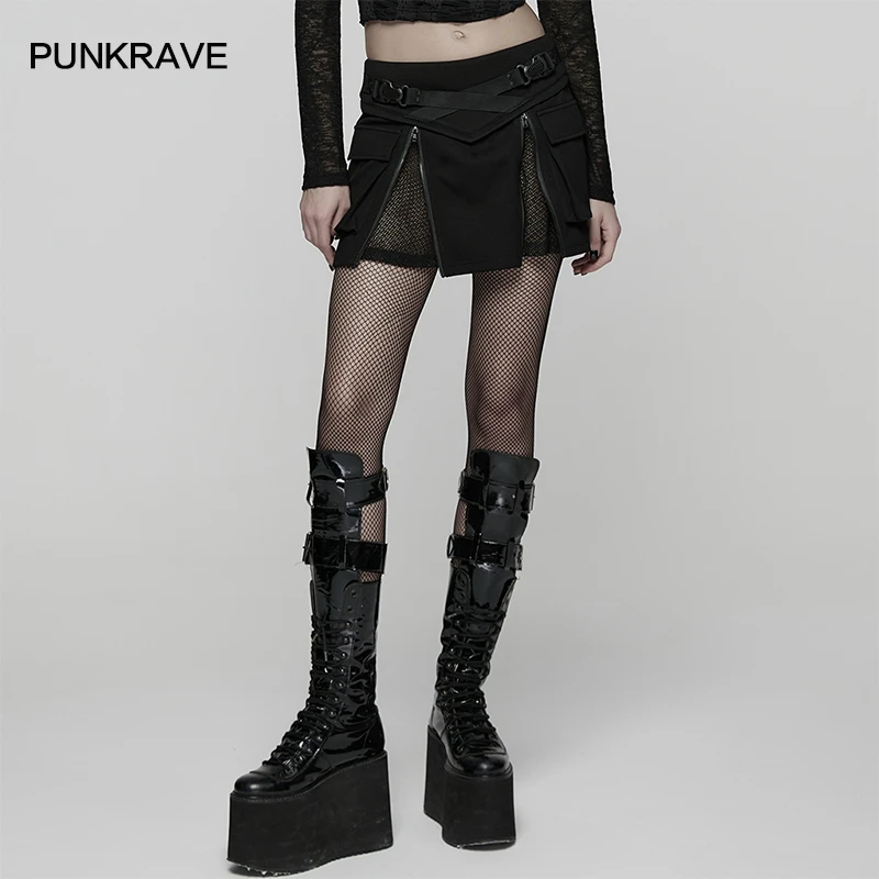 PUNK RAVE朋克风机能设计感镂空包臀性感显瘦开叉黑色短裙WQ-918