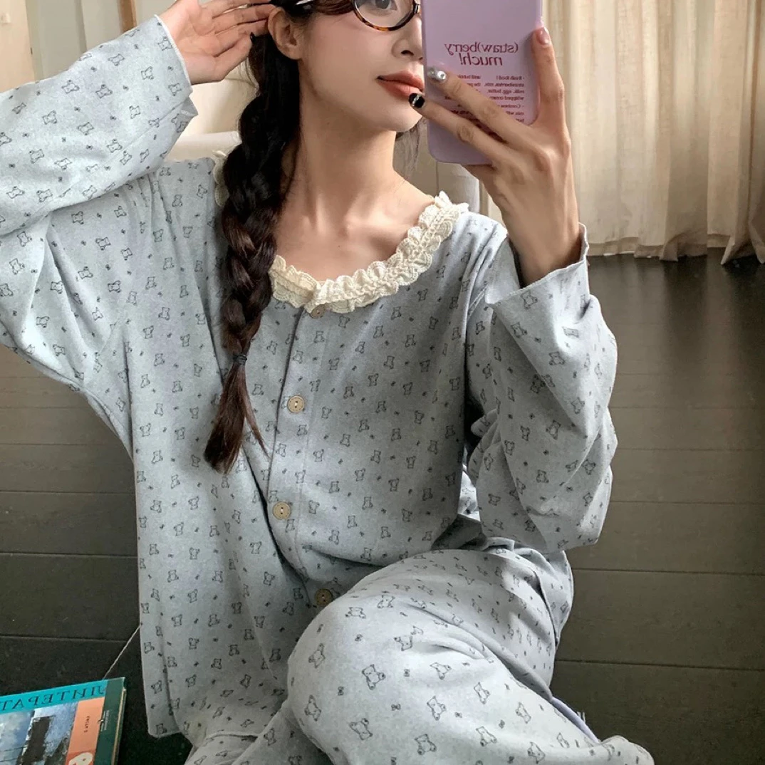 81020 「带垫垫」甜美蕾丝圆领碎花德绒睡衣套装（长袖+长裤 L裤长95