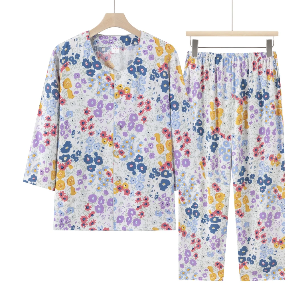 妈妈装国风奶奶中袖夏季母亲衣服高端中老年女装棉绸套装睡衣大码