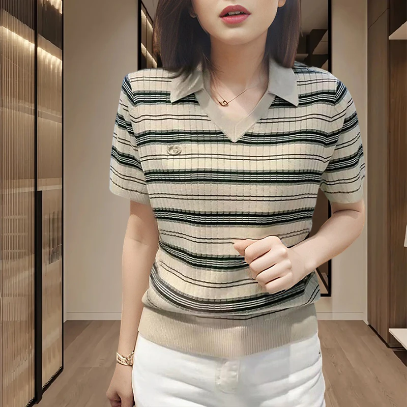 韩系条纹针织衫短袖t恤女2025年夏季新款显瘦减龄洋气polo领上衣