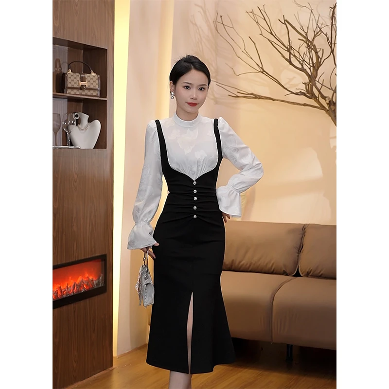 3101秋冬赫本风假两件高级感鱼尾开叉连衣裙