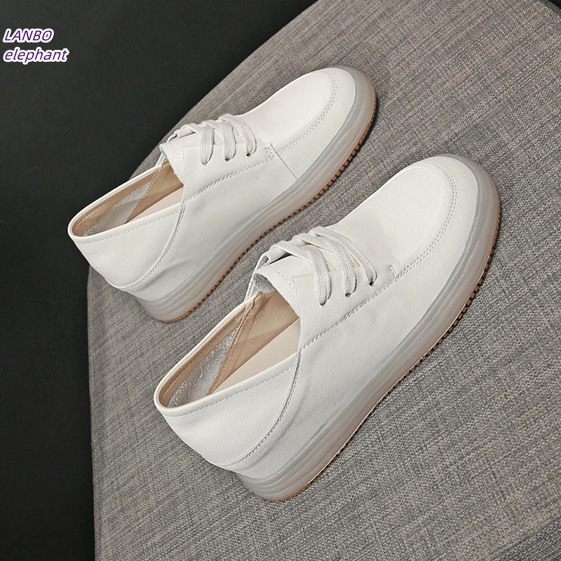 内增高两穿小白鞋女头层牛皮显脚小浅口单鞋牛筋小皮鞋小码33 34