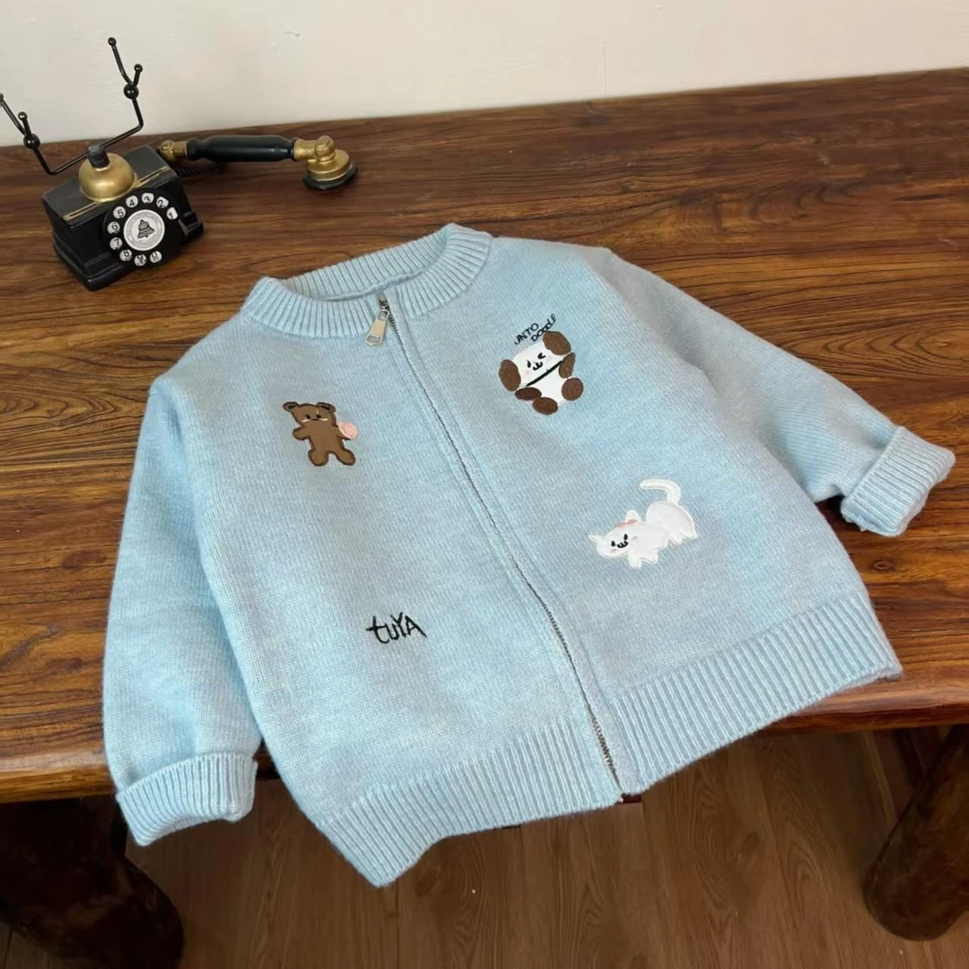 高品质儿童针织毛衣开衫韩版宽松洋气可爱重工刺绣拉链开衫外套