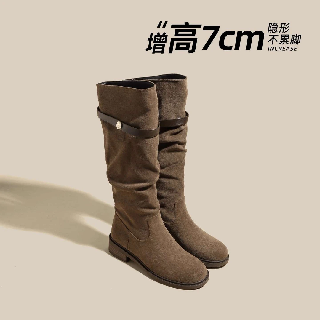 FAVMARTHA7cm内增高长筒靴女2025新款冬季厚底小个子美拉德废土风