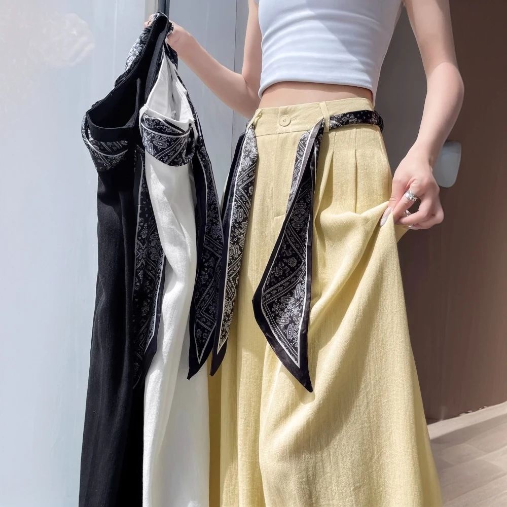 系带棉麻冰丝裤子女夏季薄款2025新款拖地直筒宽松休闲西装阔腿裤