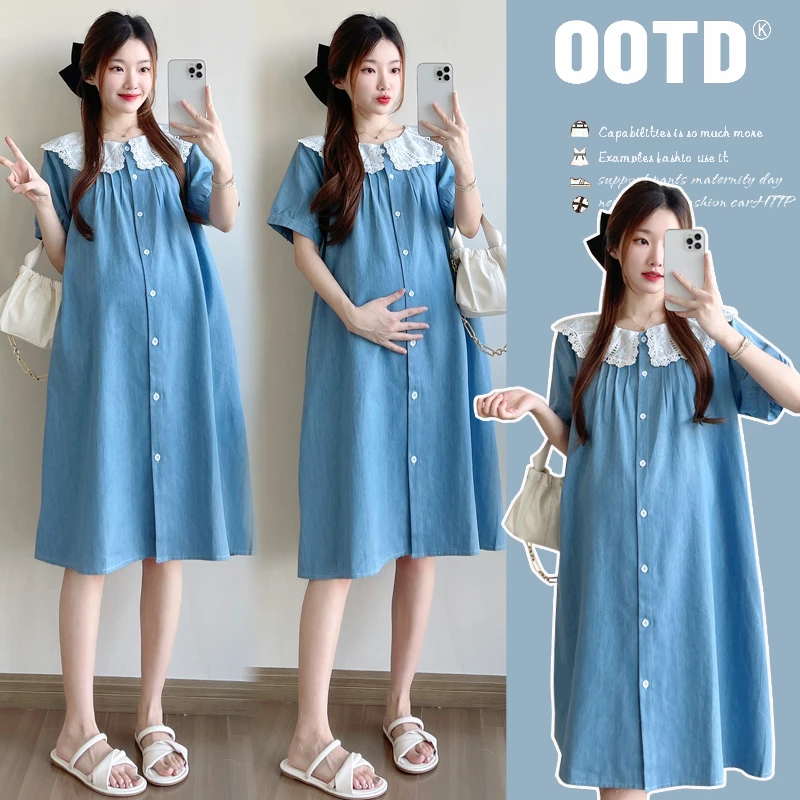 夏装新款韩版大码孕妇装宽松显瘦连衣裙娃娃领衬衫裙气质牛仔裙子