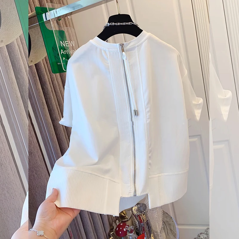 夏季新款后背拉链不对称大码短袖女显瘦T恤宽松百搭上衣设计感潮