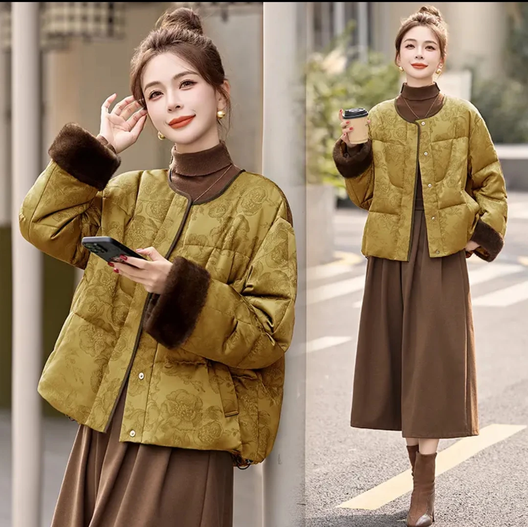 AC【102】黄  国风提花棉服冬季新款高级感气质拼接宽松短款外套