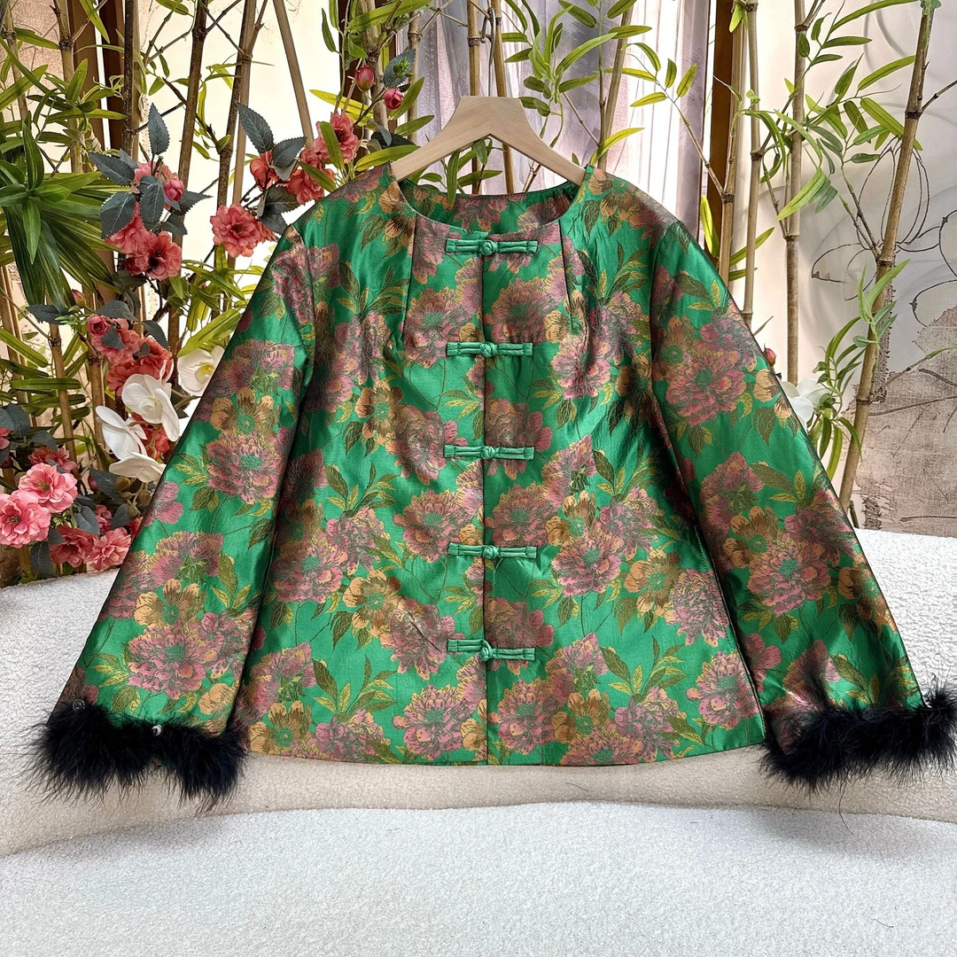 【锦绣江南】碧华叠翠国风新款女秋季牡丹花仿宋锦短款圆领长袖