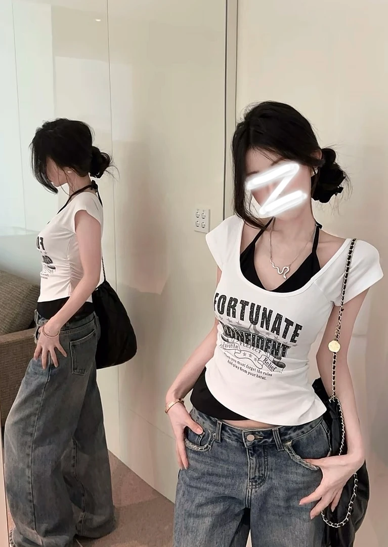 【运补6-8米】小心机挂脖背心假两件休闲短款百搭甜美T恤上衣女潮