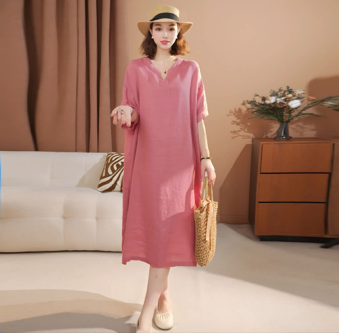 漫漫家【老钱风】纯亚麻连衣裙女2025新款气质宽松中长款裙子