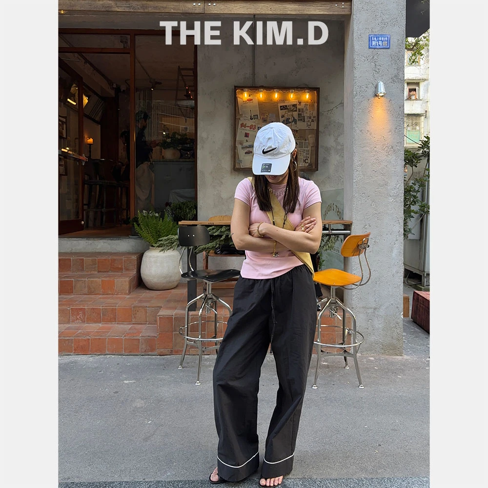 thekimd 经典黑/清新蓝天丝棉超舒服裤脚镶边设计休闲直筒裤