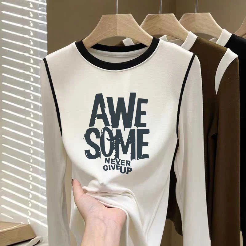 2025新款加厚德绒圆领撞色长袖t恤女秋冬爆款时尚百搭显瘦上衣打