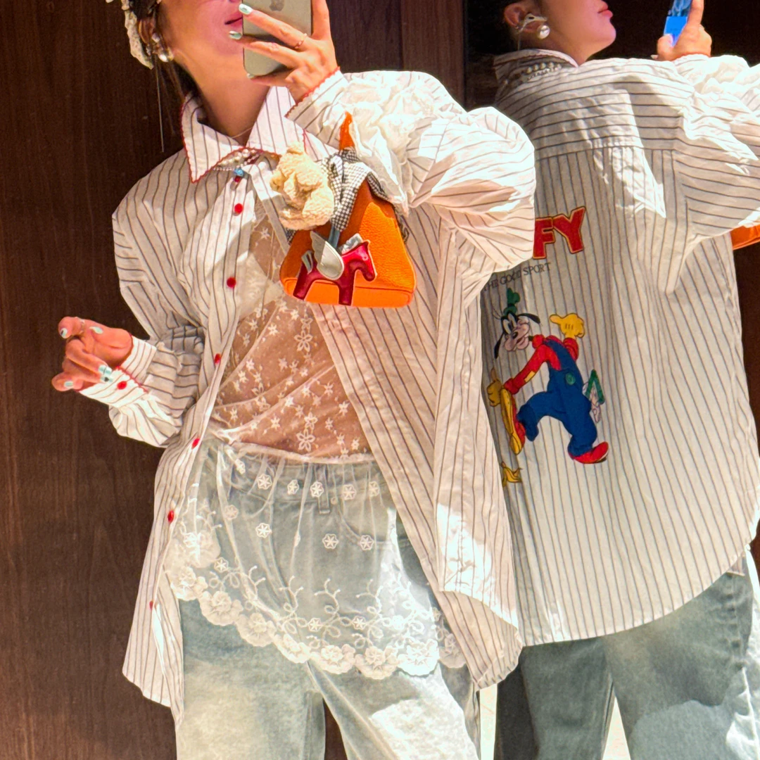 韩版春夏新款手工针织边小众卡通款衬衣