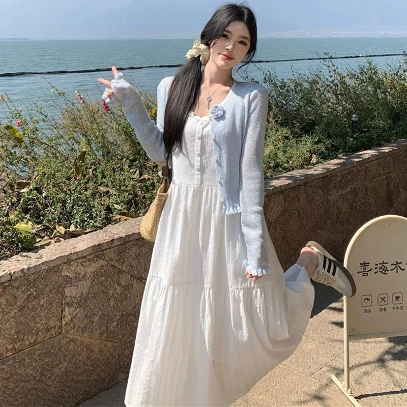 长短两个长度白月光吊带连衣裙夏季森系甜美法式收腰仙女白裙子